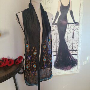 Chico's Black Sheer Scarf Sequin Beaded Floral Design Beautiful